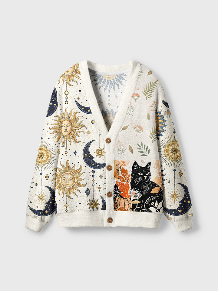 Vintage Black Cat Fall Leaves Cardigan Sweaters-boldoversize