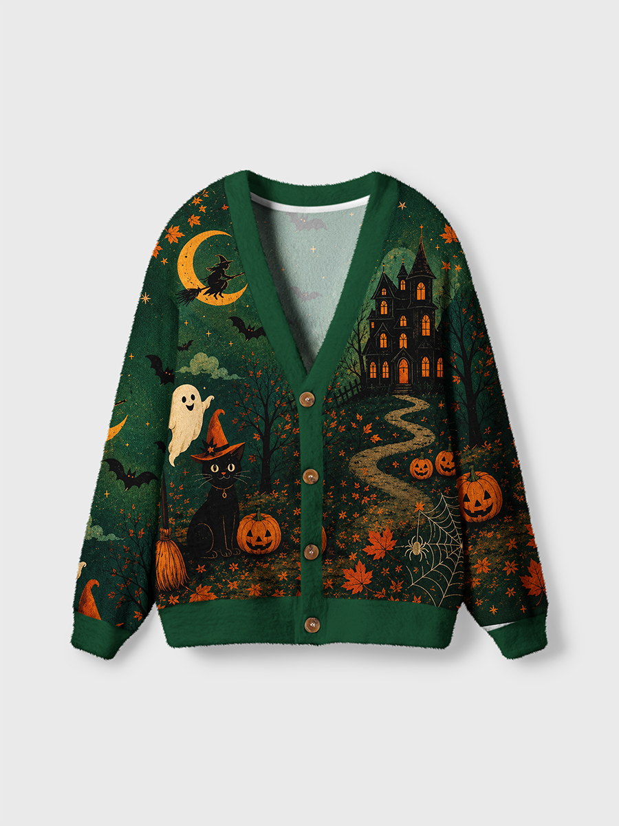 Vintage Grainy Halloween Black Cat Witch Cardigan Sweaters