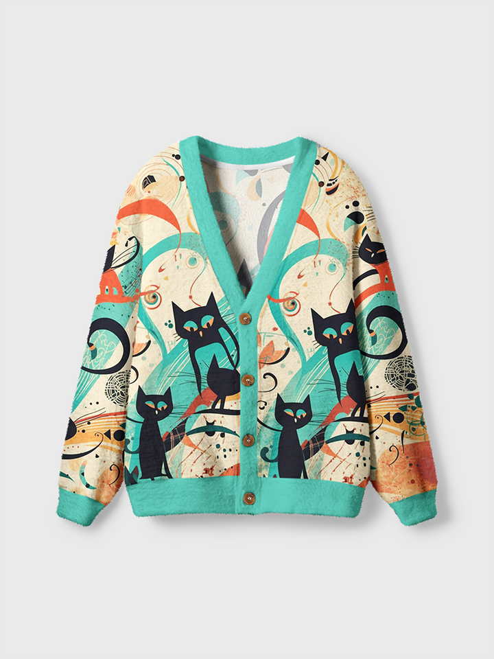 Vintage Abstract Black Cat Cardigan Sweaters-boldoversize