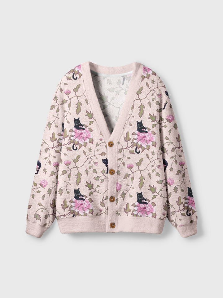 Vintage Black Cat Bloom Cardigan Sweaters-boldoversize