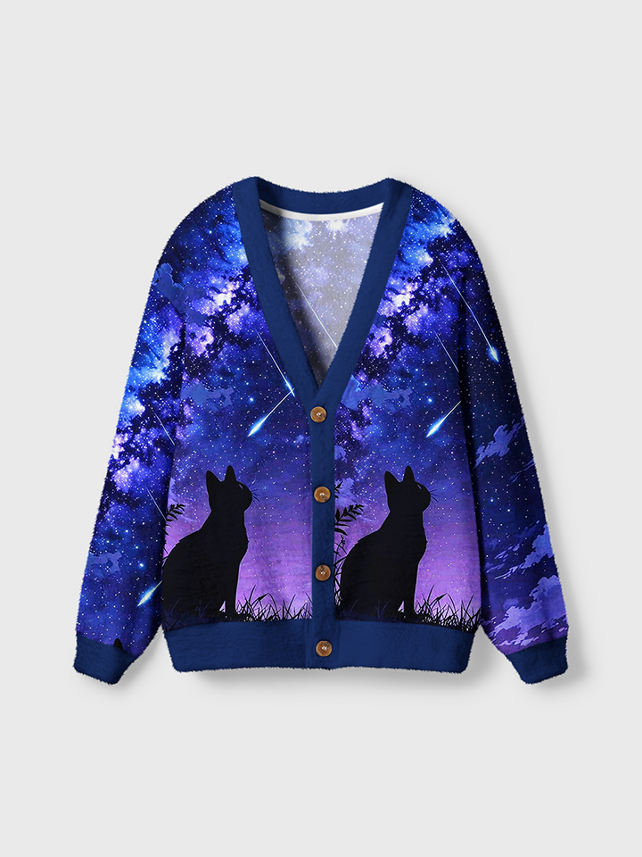 Vintage Purple Galaxy Shooting Star Cat Silhouette Cardigan Sweaters-boldoversize