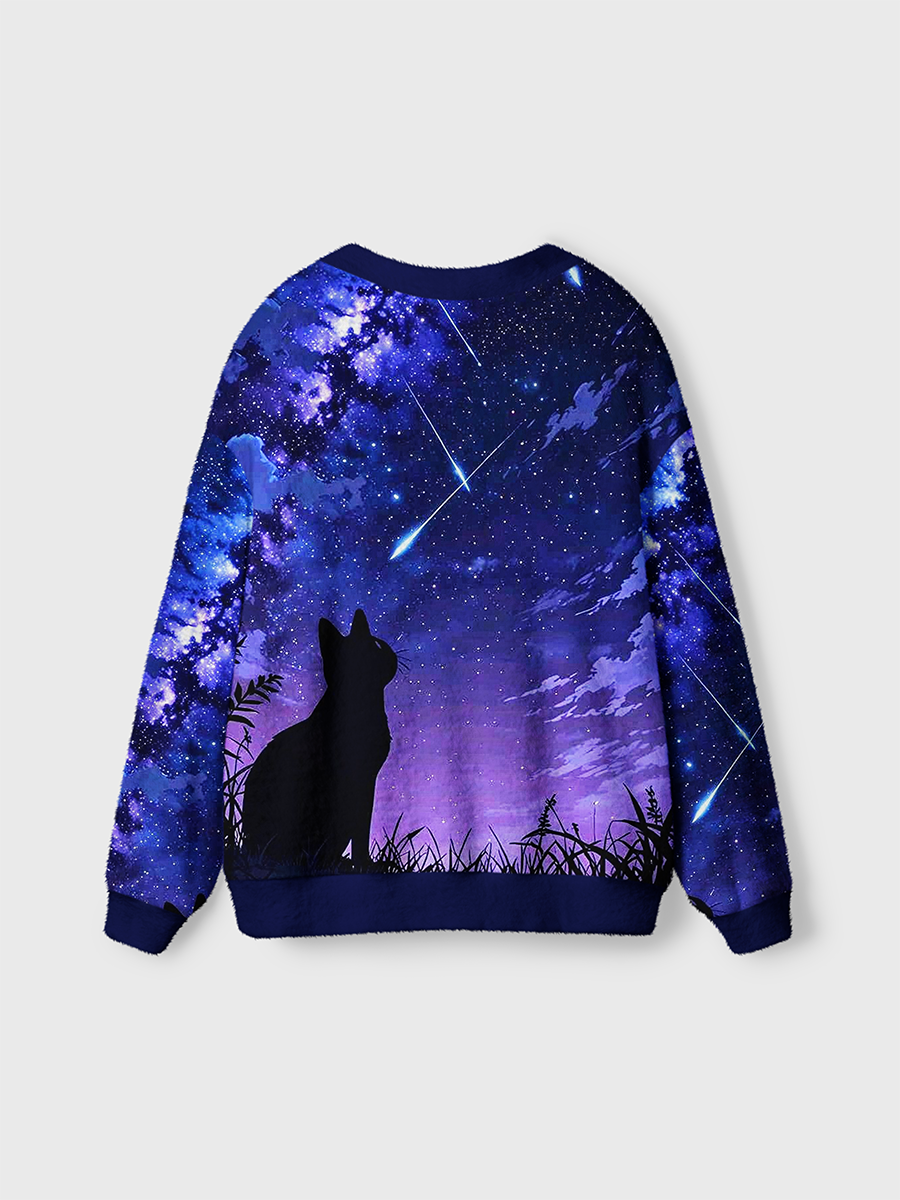 Vintage Purple Galaxy Shooting Star Cat Silhouette Cardigan Sweaters-boldoversize