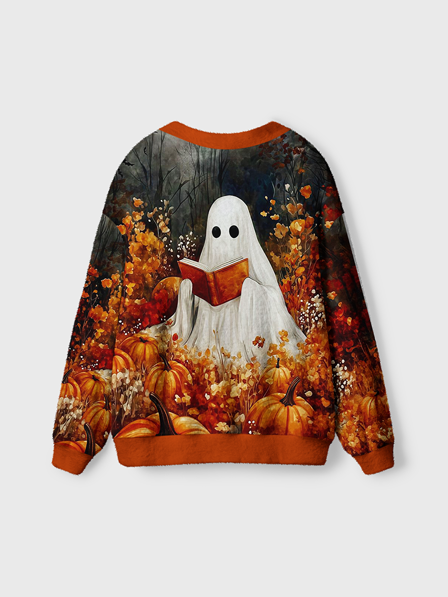 Vintage Cute Ghost Reading Book Autumn Halloween Cardigan Sweaters-boldoversize