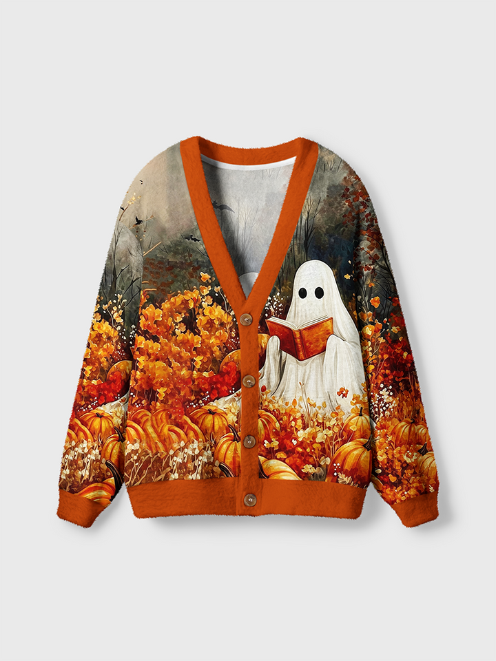Vintage Cute Ghost Reading Book Autumn Halloween Cardigan Sweaters-boldoversize