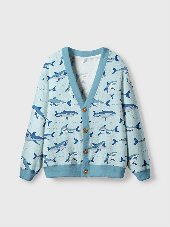 Vintage Cartoon Shark Kids Ocean Cardigan Sweaters-boldoversize