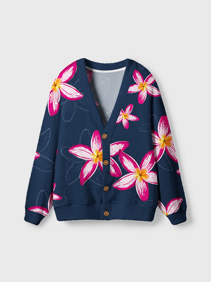 Vintage Vibrant Tropical Fuchsia Plumeria Cardigan Sweaters-boldoversize
