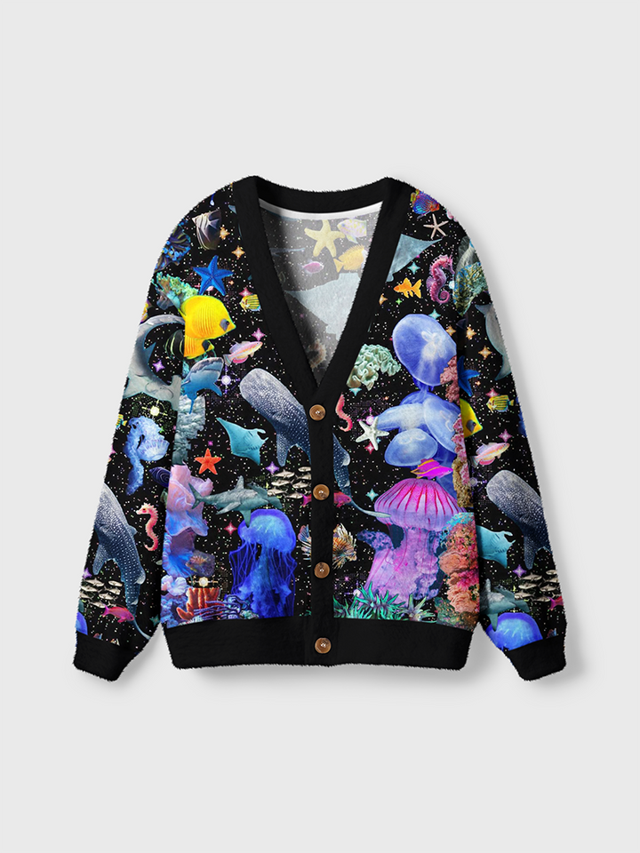 Vintage Psychedelic Cosmic Ocean Animal Garden Cardigan Sweaters-boldoversize
