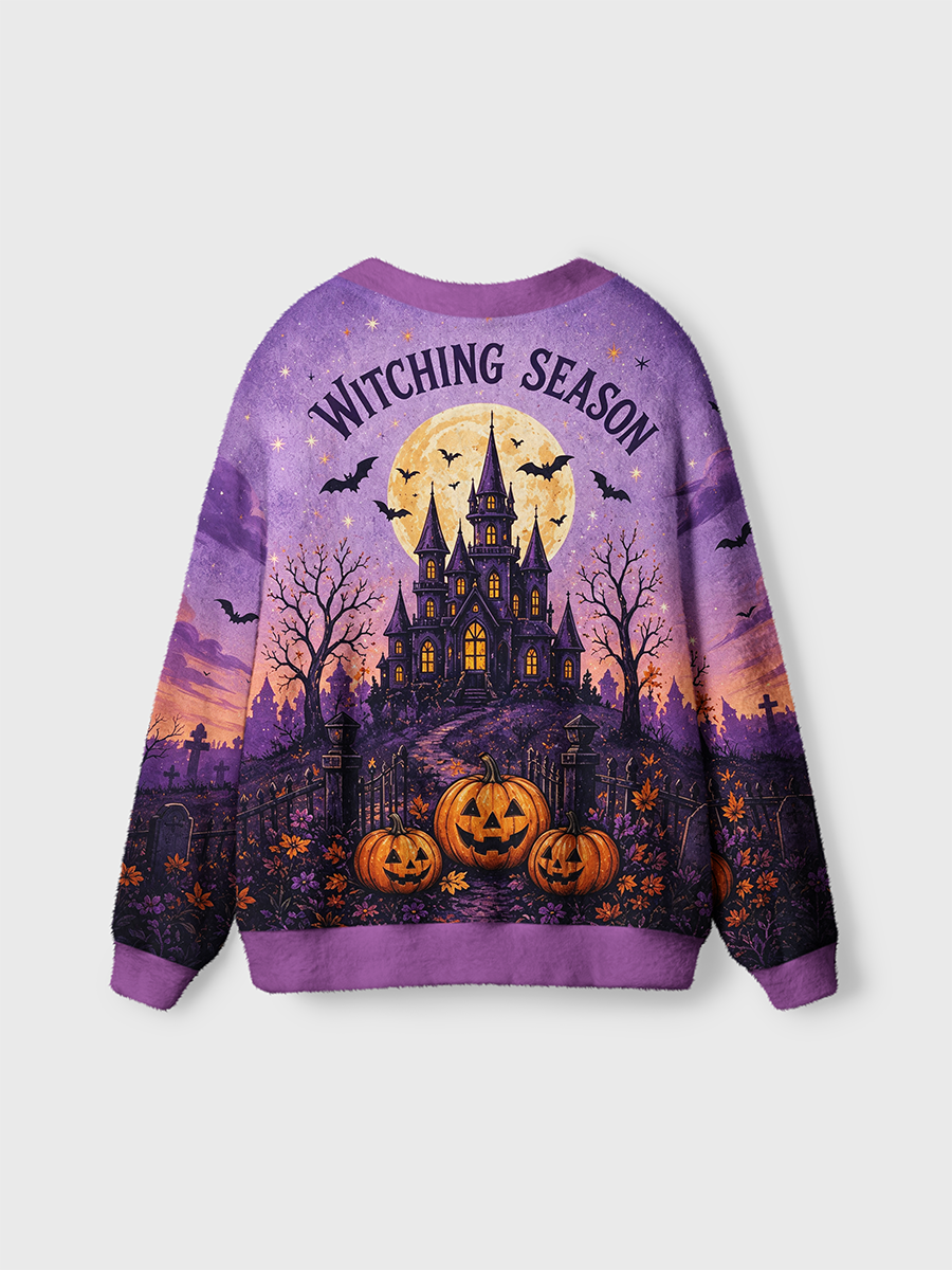 Vintage Purple Haunted Castle Halloween Cardigan Sweaters-boldoversize