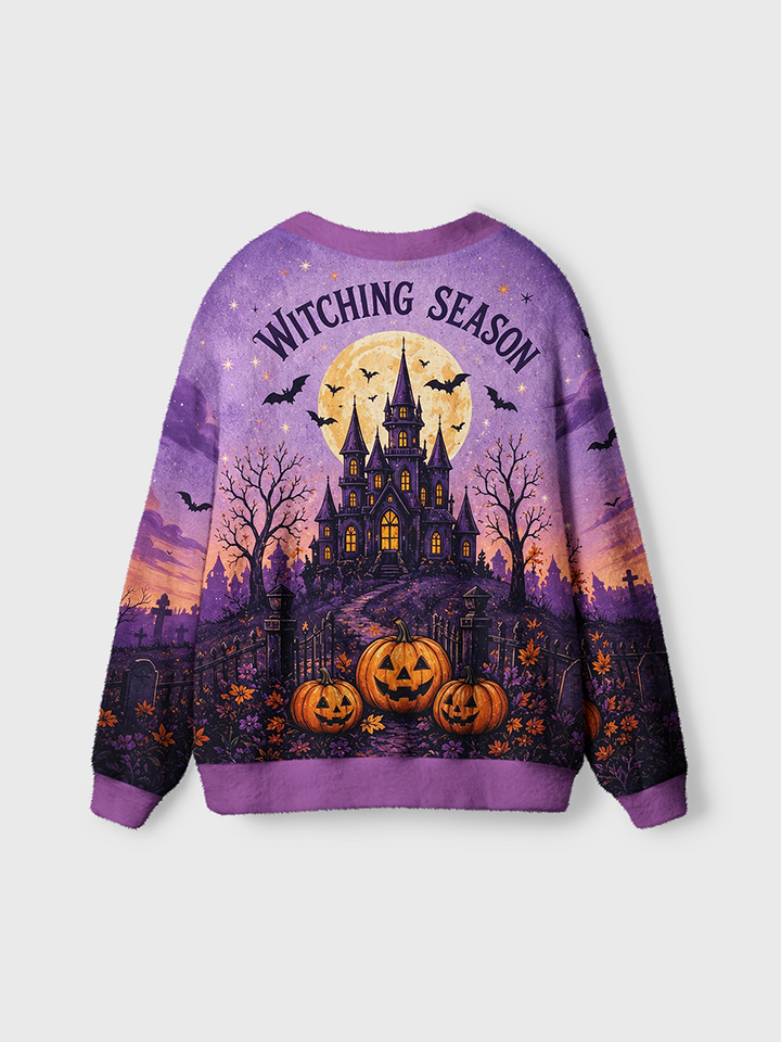 Vintage Purple Haunted Castle Halloween Cardigan Sweaters-boldoversize