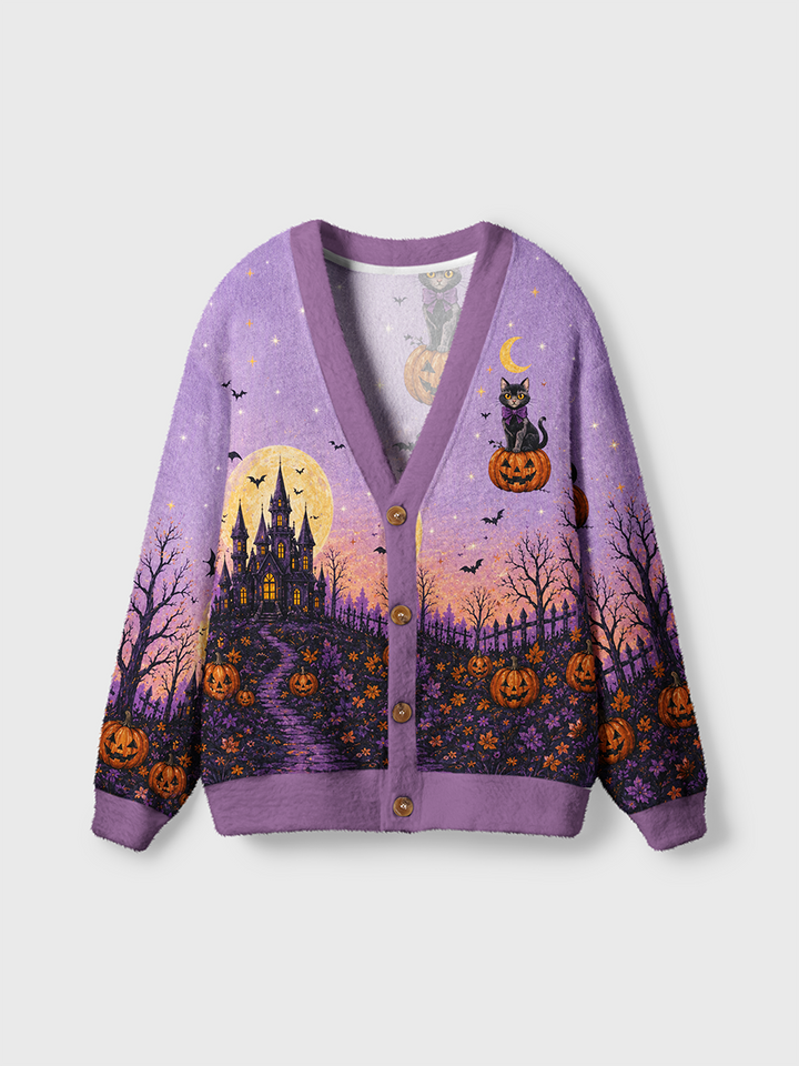 Vintage Purple Haunted Castle Halloween Cardigan Sweaters-boldoversize
