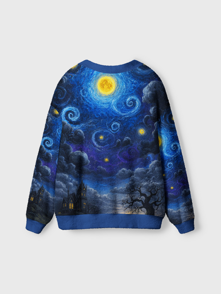 Vintage Swirl Galaxy Night Haunted Castle Halloween Cardigan Sweaters-boldoversize