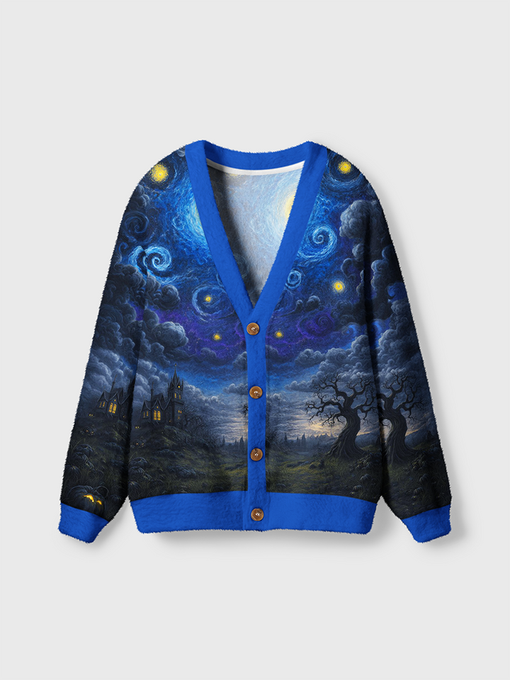 Vintage Swirl Galaxy Night Haunted Castle Halloween Cardigan Sweaters-boldoversize