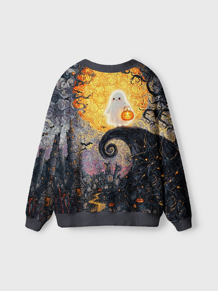 Vintage Cute Glowing Ghost Graveyard Halloween Cardigan Sweaters-boldoversize