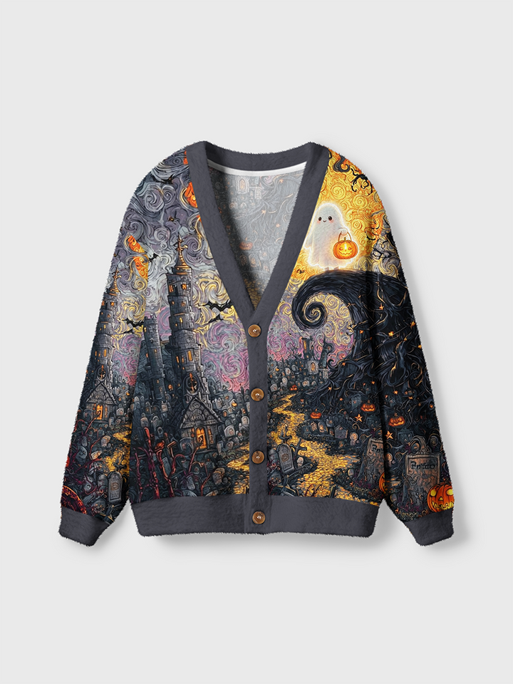 Vintage Cute Glowing Ghost Graveyard Halloween Cardigan Sweaters-boldoversize