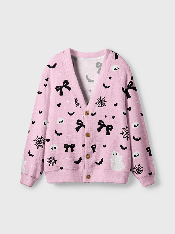 Vintage Pink Coquette Halloween Bow Ghost Cardigan Sweaters-boldoversize