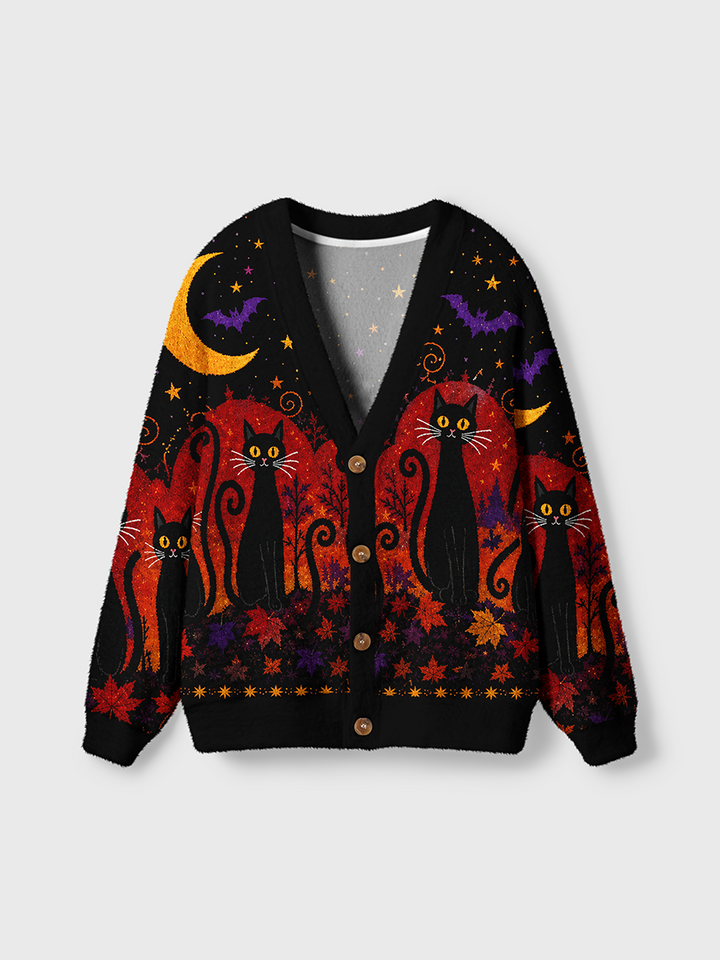 Vintage Witchy Black Cat Autumn Night Cardigan Sweaters-boldoversize