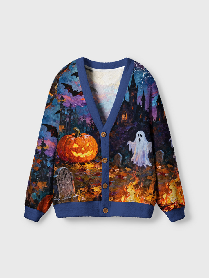 Vintage Impressionist Halloween Night Spooky Cardigan Sweaters-boldoversize