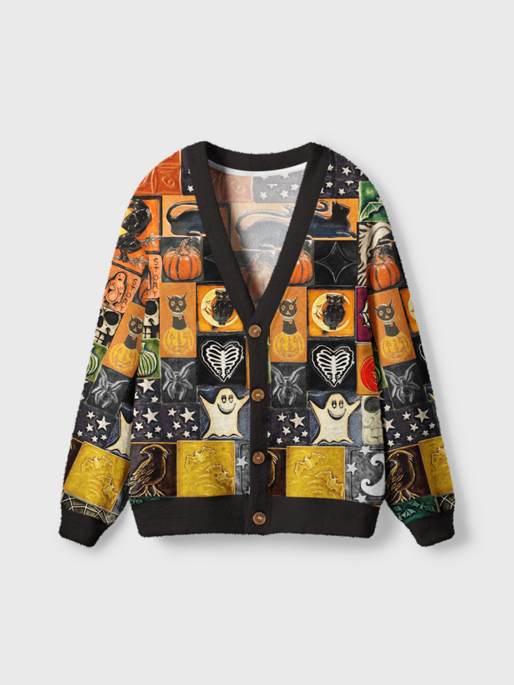 Vintage Halloween Ceramic Tile Collage Cardigan