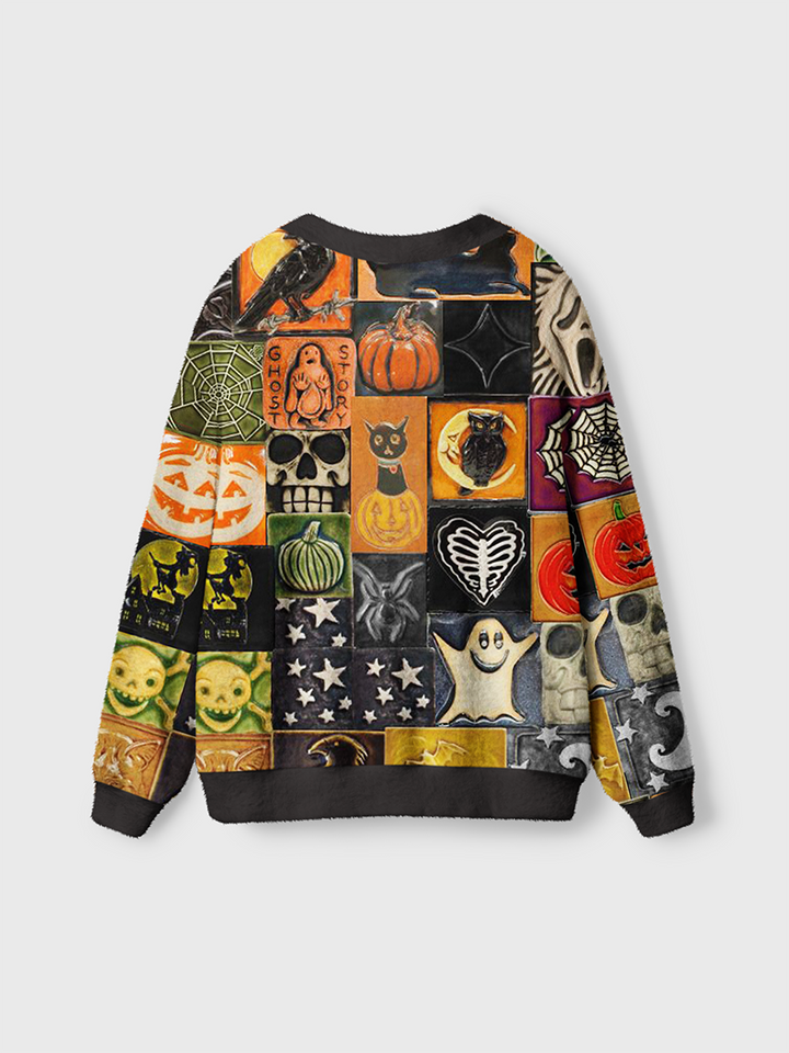 Vintage Halloween Ceramic Tile Collage Cardigan Sweaters-boldoversize