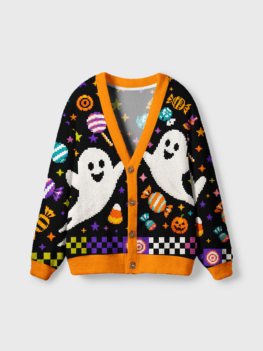 Vintage Pixel Cute Ghost Candy Halloween Cardigan Sweaters-boldoversize