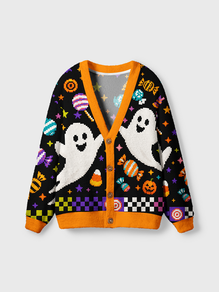 Vintage Pixel Cute Ghost Candy Halloween Cardigan Sweaters-boldoversize