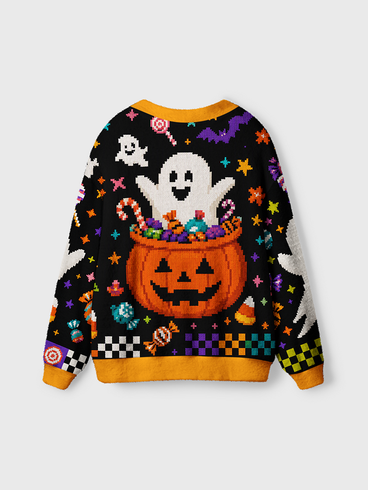 Vintage Pixel Cute Ghost Candy Halloween Cardigan Sweaters-boldoversize
