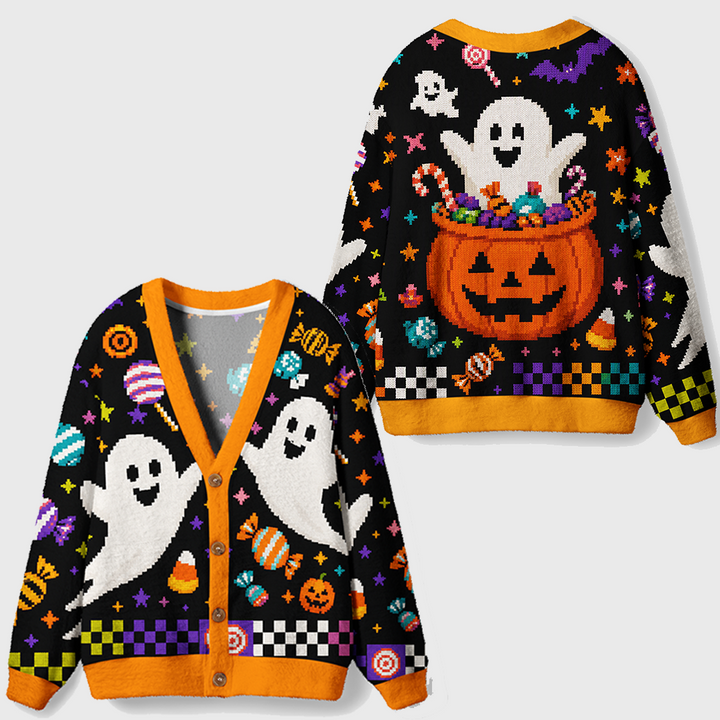 Vintage Pixel Cute Ghost Candy Halloween Cardigan Sweaters-boldoversize