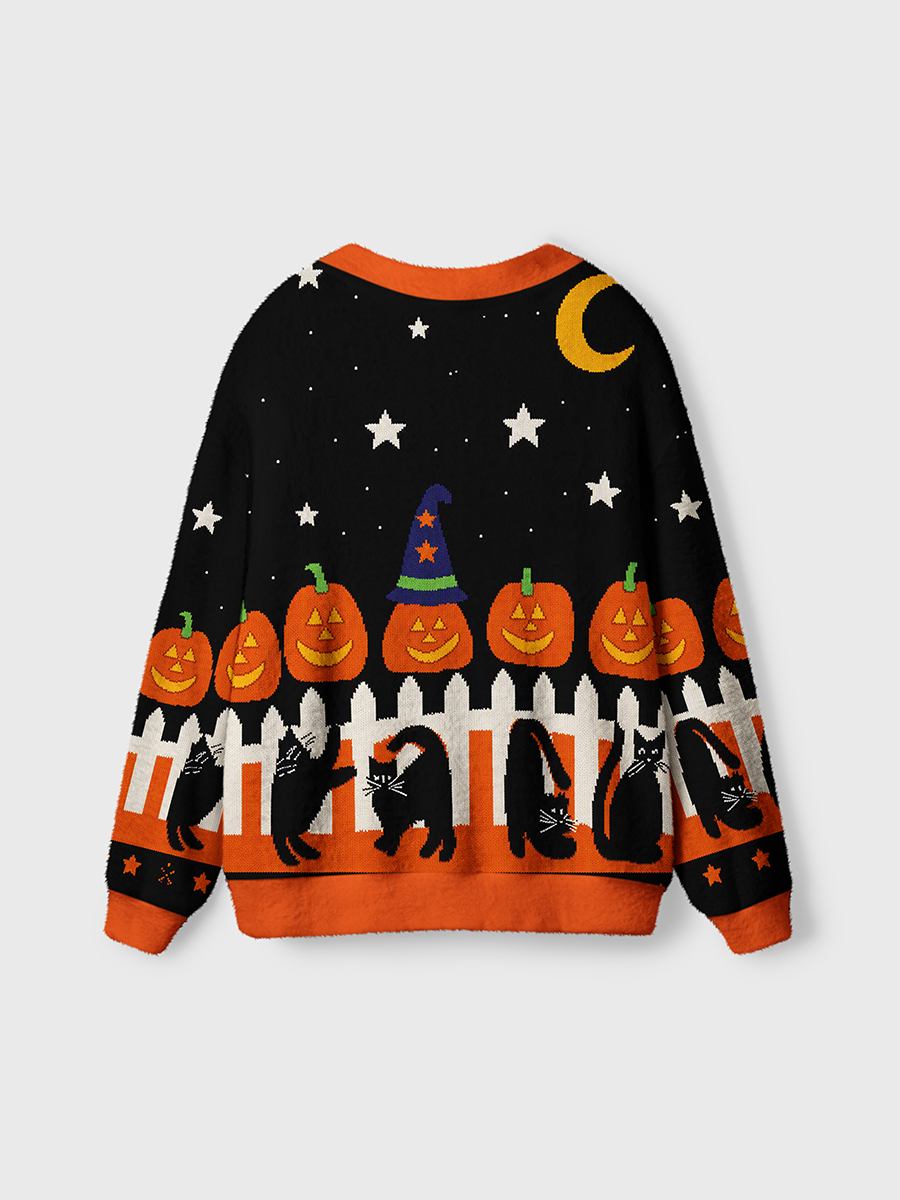 Vintage Pixel Knit Halloween Black Cat Pumpkin Fence Cardigan Sweaters-boldoversize