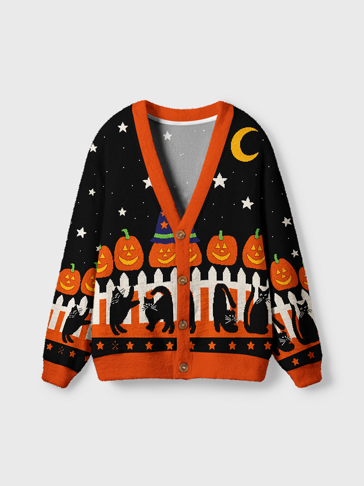 Vintage Pixel Knit Halloween Black Cat Pumpkin Fence Cardigan Sweaters-boldoversize