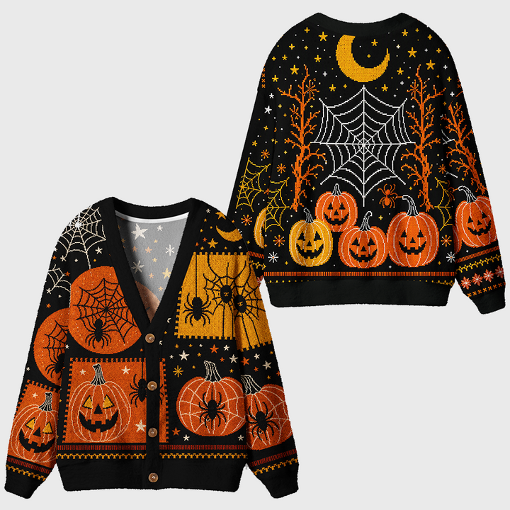 Vintage Knitted Halloween Pumpkin Spider Cardigan Sweaters-boldoversize