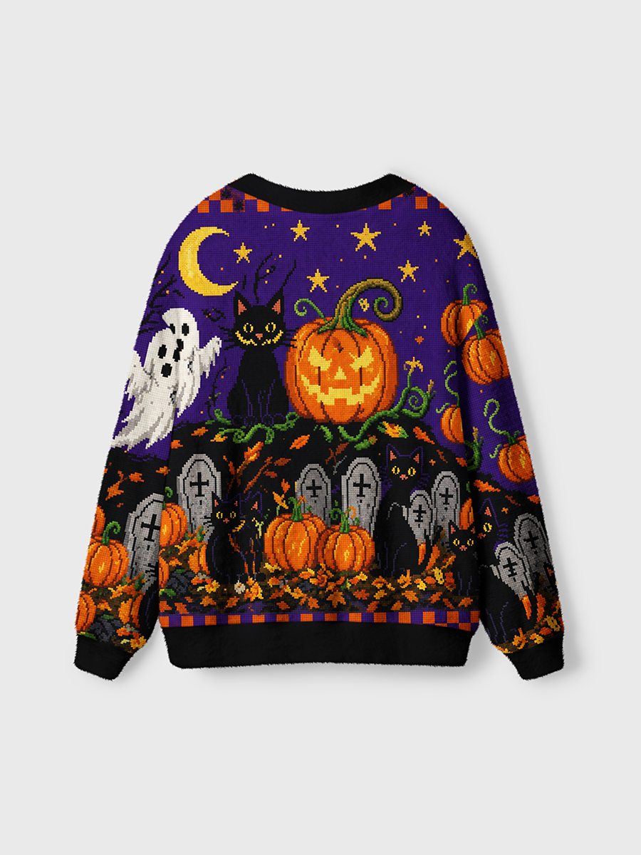 Vintage Pixel Halloween Graveyard Cardigan Sweaters-boldoversize