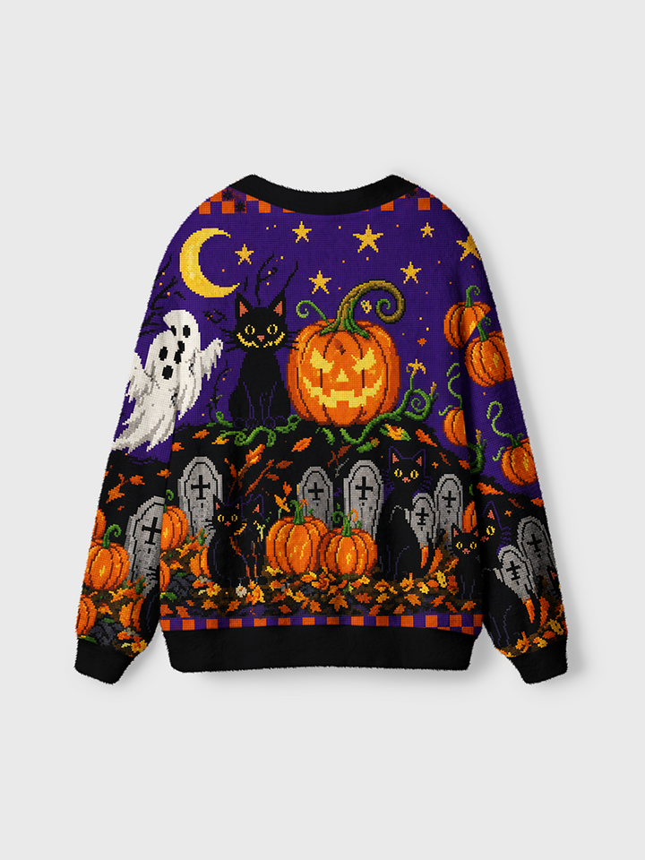 Vintage Pixel Halloween Graveyard Cardigan Sweaters-boldoversize