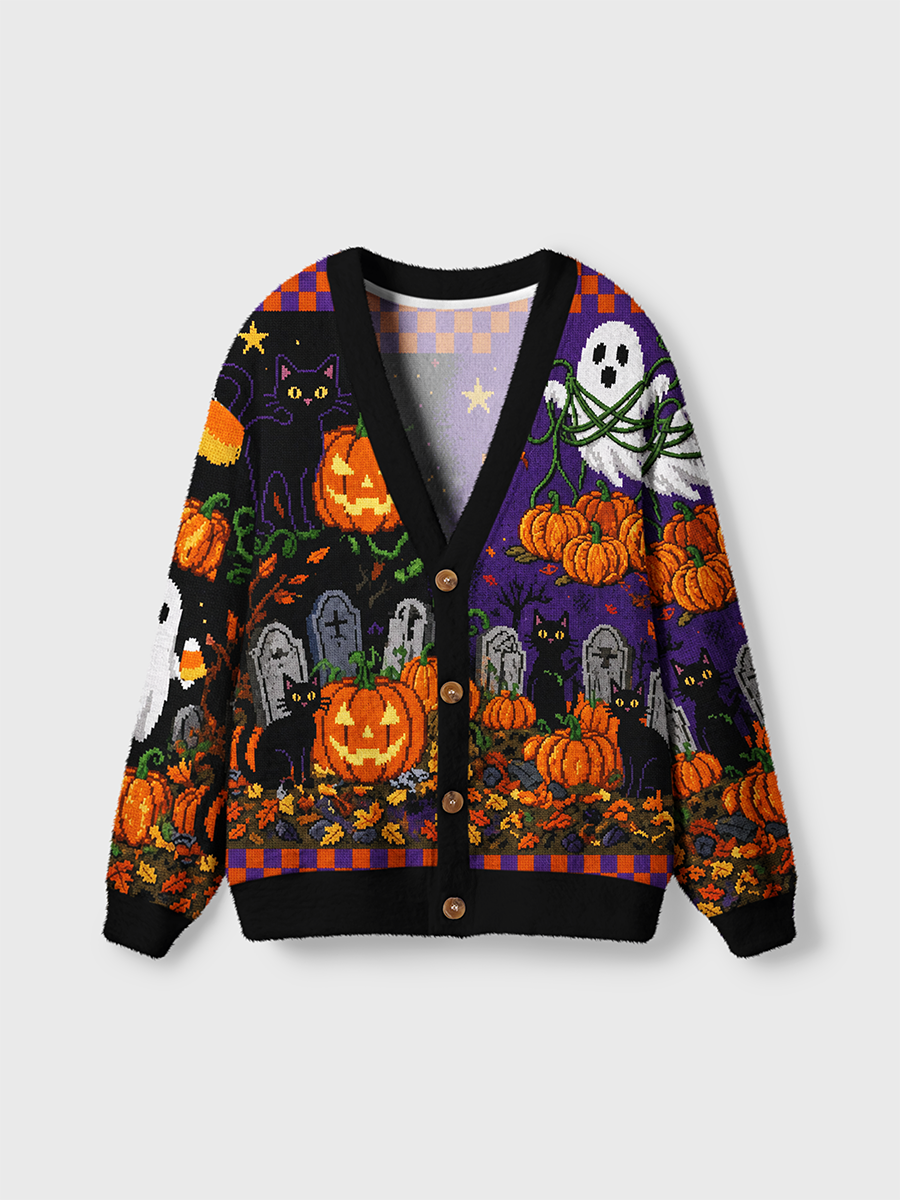 Vintage Pixel Halloween Graveyard Cardigan Sweaters-boldoversize