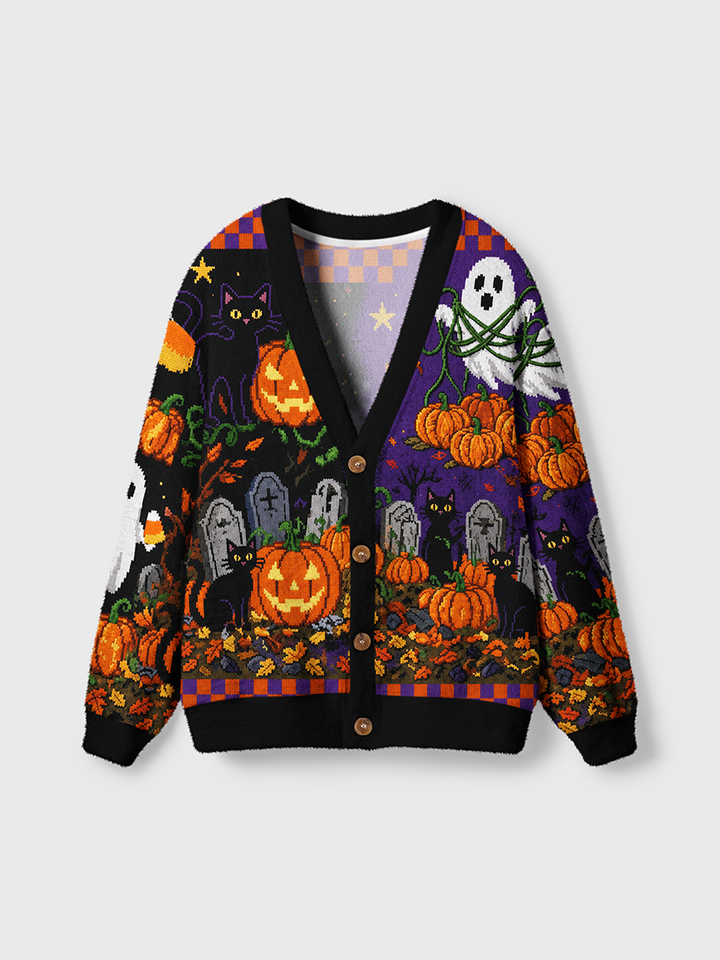 Vintage Pixel Halloween Graveyard Cardigan Sweaters-boldoversize