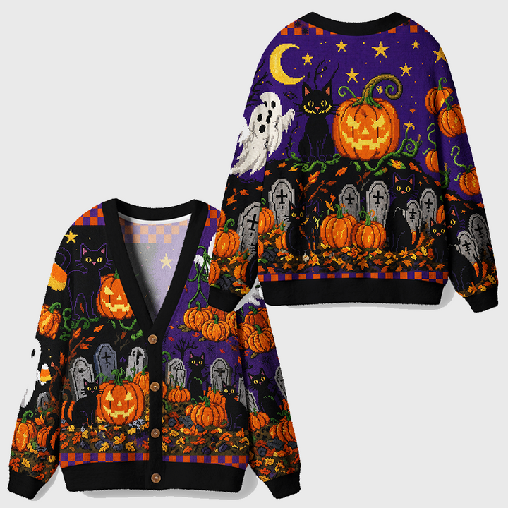Vintage Pixel Halloween Graveyard Cardigan Sweaters-boldoversize