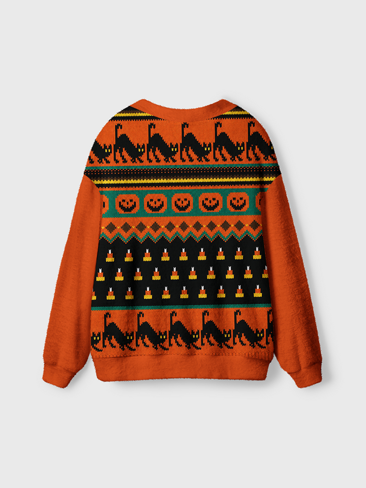 Vintage Knitted Jacquard Halloween Black Cat Pumpkin Cardigan Sweaters-boldoversize