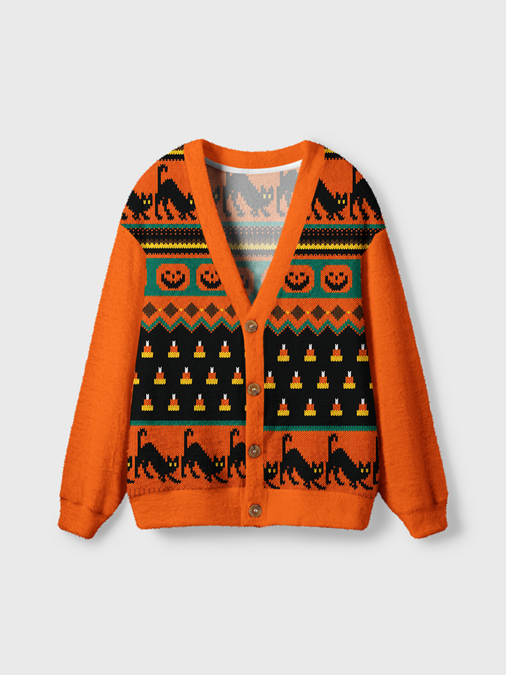 Vintage Knitted Jacquard Halloween Black Cat Pumpkin Cardigan Sweaters-boldoversize
