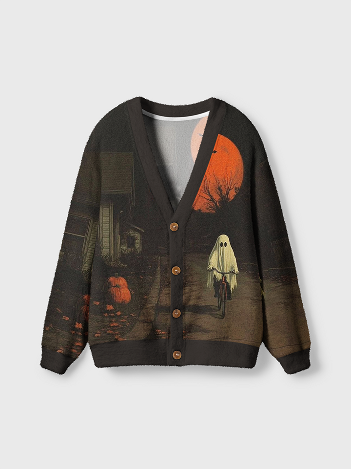 Vintage Ghost Riding Bicycle Halloween Night Cardigan Sweaters