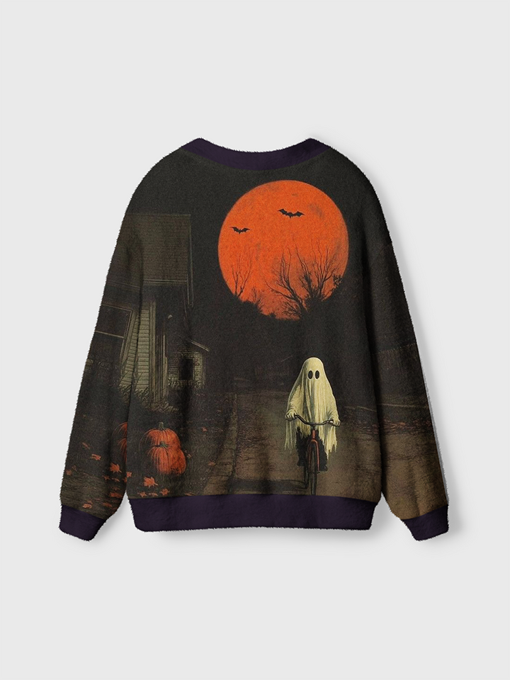 Vintage Ghost Riding Bicycle Halloween Night Cardigan Sweaters