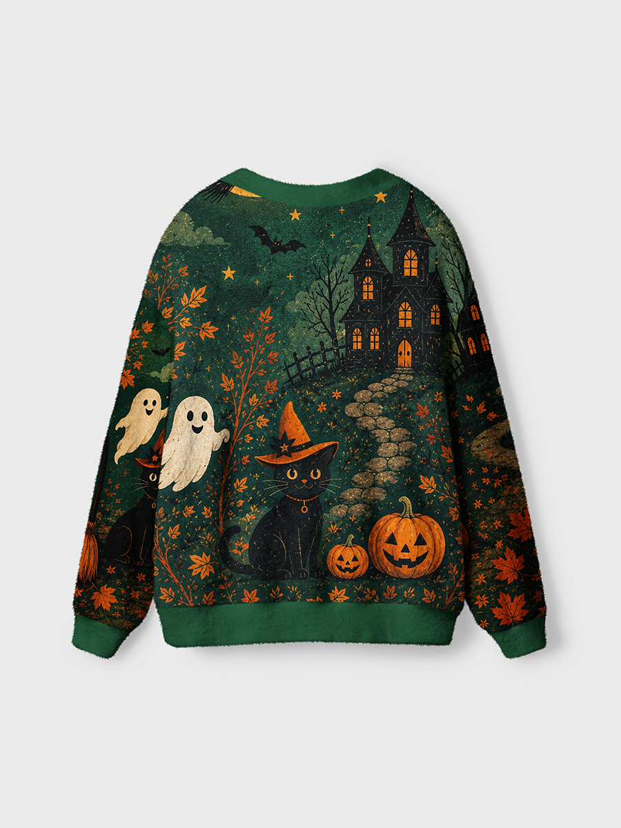 Vintage Grainy Halloween Black Cat Witch Cardigan Sweaters