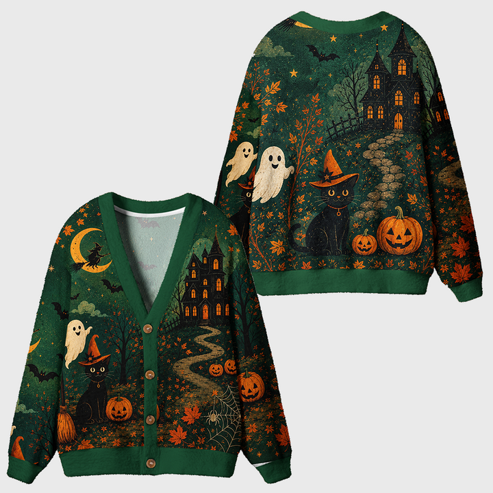 Vintage Grainy Halloween Black Cat Witch Cardigan Sweaters