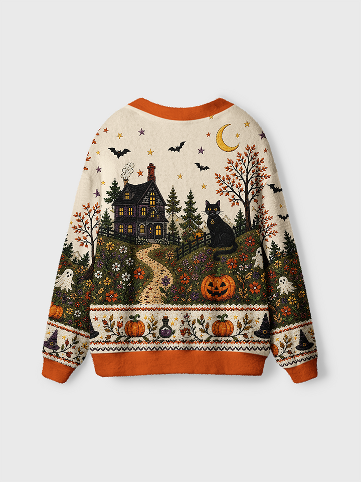 Vintage Halloween Countryside Scene Border Cardigan
