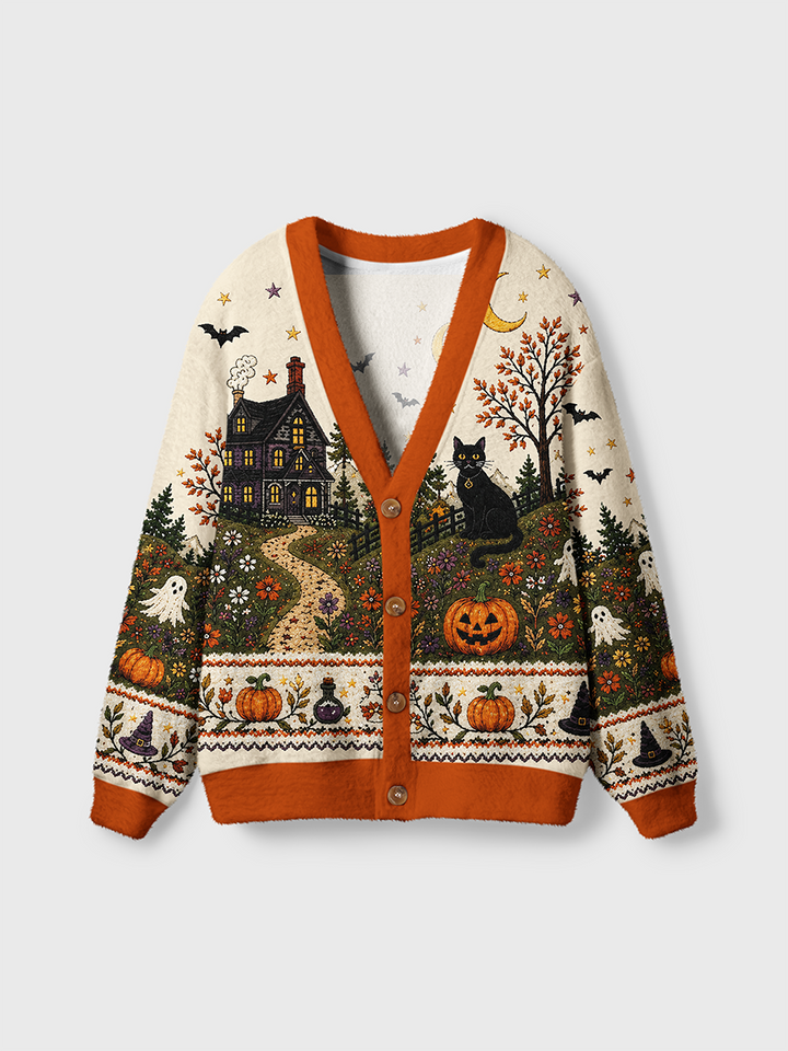 Vintage Halloween Countryside Scene Border Cardigan
