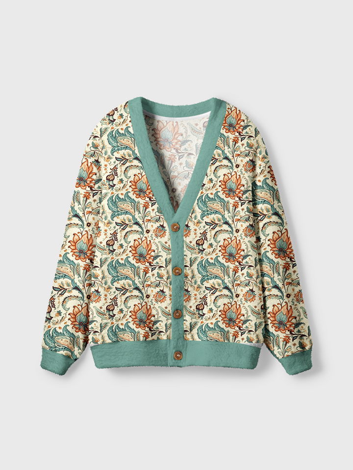 Vintage Teal and Rust Flowers Cardigan Sweaters-boldoversize