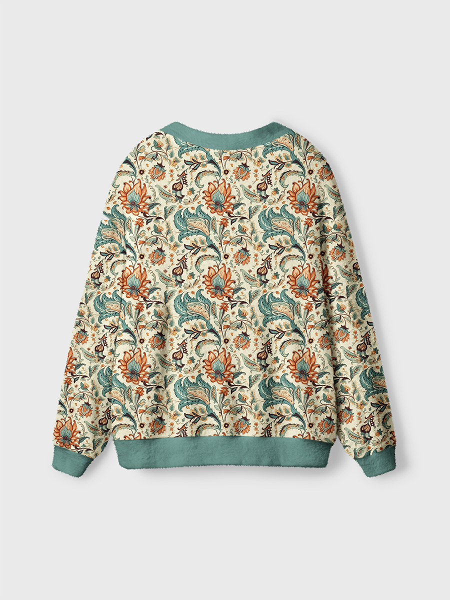 Vintage Teal and Rust Flowers Cardigan Sweaters-boldoversize