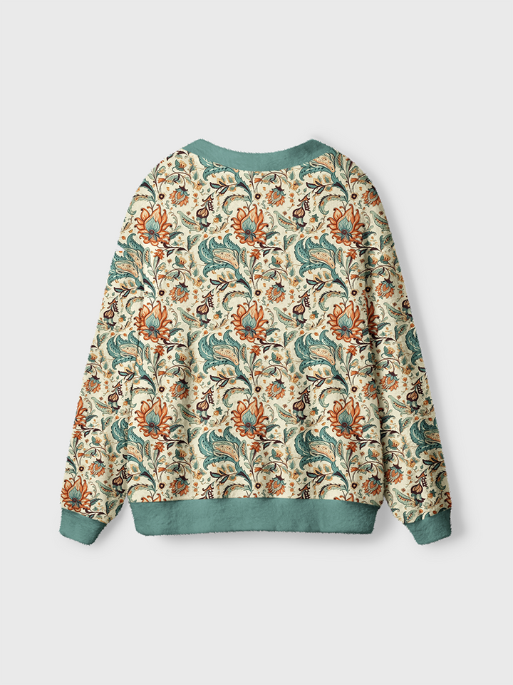 Vintage Teal and Rust Flowers Cardigan Sweaters-boldoversize
