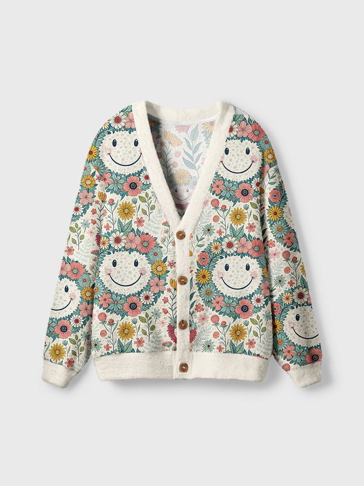 Vintage Flower Smile Design Cute Cardigan Sweaters-boldoversize