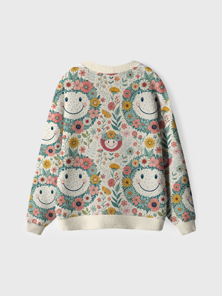 Vintage Flower Smile Design Cute Cardigan Sweaters-boldoversize