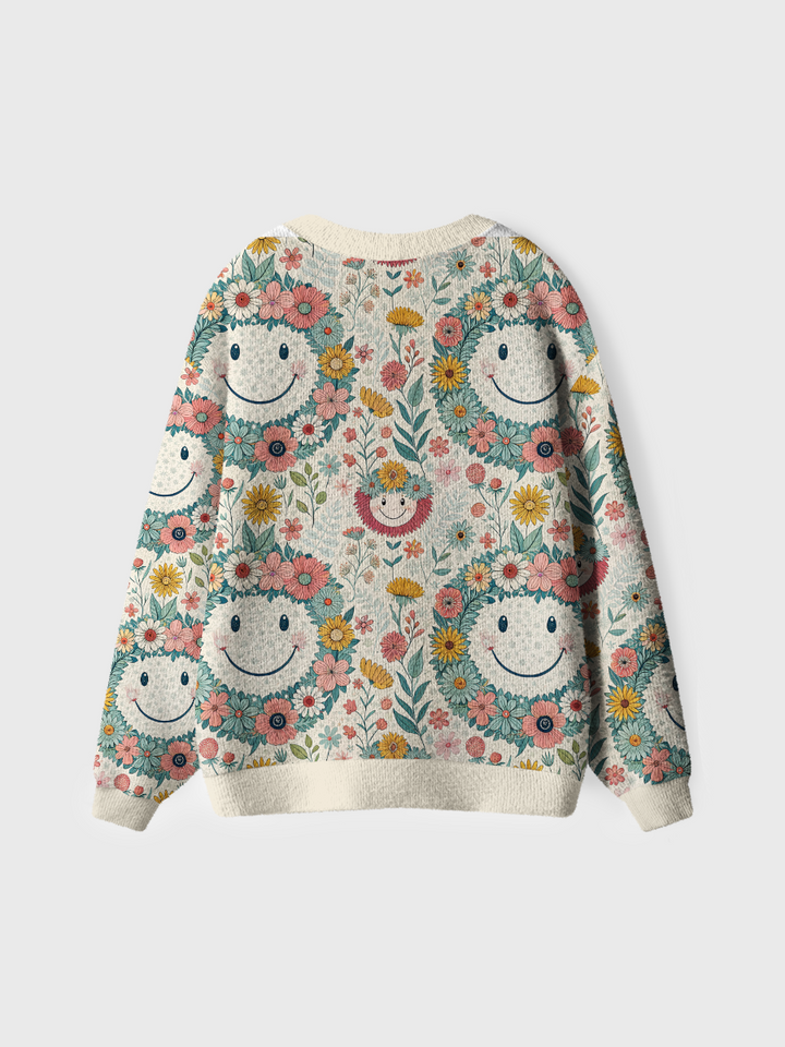 Vintage Flower Smile Design Cute Cardigan Sweaters-boldoversize